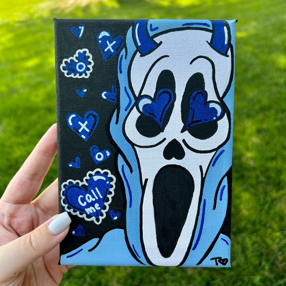 💔🔪 Original 5x7 Ghostface Canvas Painting – Cute Horror Mashup 💙📞